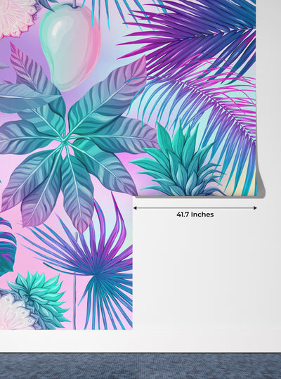 Pink and Blue Tropical Plants Wallpaper, Seamless Pattern Mural, Oversized Custom Size Wall Art, Non-Woven, Non-Adhesive, Modern Wall Paper, Removable