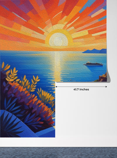 Santorini Sunset Wallpaper, Oil Painting Mural, Oversized Custom Size Wall Art, Non-Woven, Non-Adhesive, Modern Wall Paper, Removable