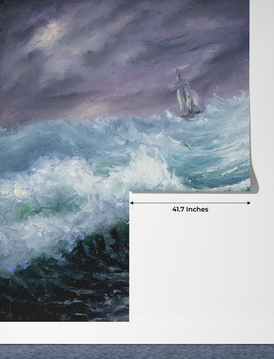 Mighty Storm and Sea Wallpaper, Oil Painting Mural, Oversized Custom Size Wall Art, Non-Woven, Non-Adhesive, Modern Wall Paper, Removable