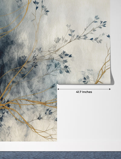 Blue Floral Wallpaper, White Background Mural, Oversized Custom Size Wall Art, Non-Woven, Non-Adhesive, Modern Wall Paper, Removable