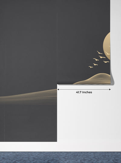 Abstract Gold Landscape Wallpaper, Mountain and Birds, Black Background Mural, Oversized Custom Size Wall Art, Non-Woven, Non-Adhesive, Modern Wall Paper, Removable