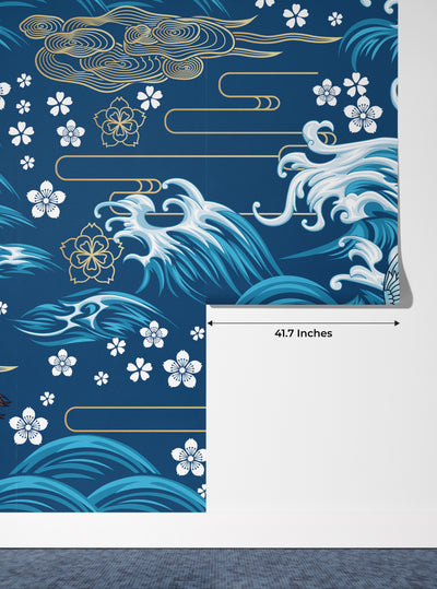 Oriental Sea Wallpaper, Seamless Pattern Mural, Oversized Custom Size Wall Art, Non-Woven, Non-Adhesive, Modern Wall Paper, Removable