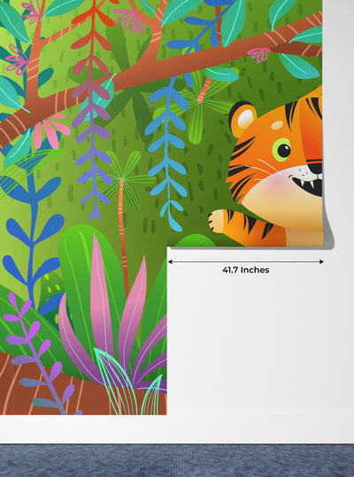 Cute Tiger Wallpaper, Exotic Jungle Mural, Oversized Custom Size Wall Art, Non-Woven, Non-Adhesive, Modern Wall Paper, Removable