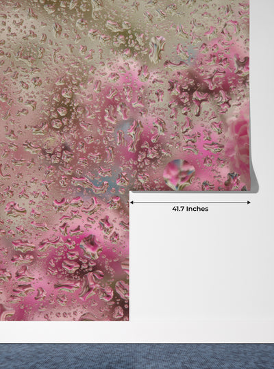 Pink Flowers Wallpaper, Through Glass, Water Drops Mural, Oversized Custom Size Wall Art, Non-Woven, Non-Adhesive, Modern Wall Paper, Removable