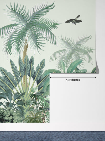 Jungle Palms Wallpaper, Birds Mural, Oversized Custom Size Wall Art, Non-Woven, Non-Adhesive, Modern Wall Paper, Removable