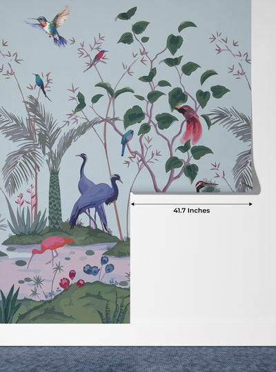 Chinoiserie Wallpaper, Birds, Floral Mural, Oversized Custom Size Wall Art, Non-Woven, Non-Adhesive, Modern Wall Paper, Removable