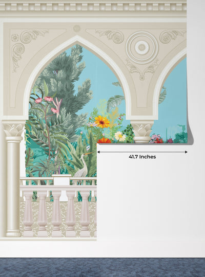 Chinoiserie Garden Arch Wallpaper, Peacock Mural, Oversized Custom Size Wall Art, Non-Woven, Non-Adhesive, Modern Wall Paper, Removable