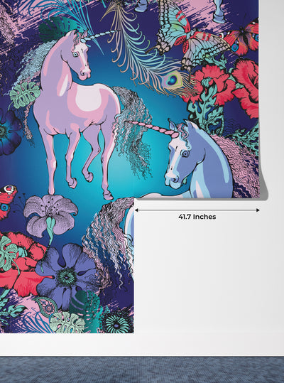 Magic Unicorns Wallpaper, Seamless Pattern Mural, Oversized Custom Size Wall Art, Non-Woven, Non-Adhesive, Modern Wall Paper, Removable