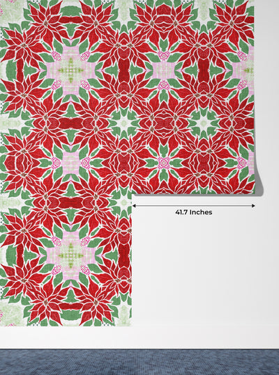 Christmas Poinsettia Retro Wallpaper, Seamless Pattern Mural, Oversized Custom Size Wall Art, Non-Woven, Non-Adhesive, Modern Wall Paper, Removable