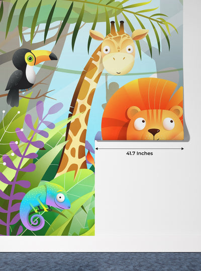 Kids Adventure Wallpaper, Jungle Animals Mural, Oversized Custom Size Wall Art, Non-Woven, Non-Adhesive, Modern Wall Paper, Removable