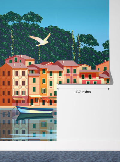 Summer day in Village Wallpaper, Boats, Sea Mural, Oversized Custom Size Wall Art, Non-Woven, Non-Adhesive, Modern Wall Paper, Removable