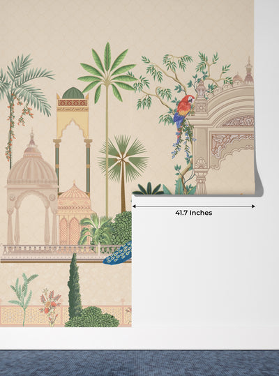 Mughal Garden Wallpaper, Peacock, Parrot Mural, Oversized Custom Size Wall Art, Non-Woven, Non-Adhesive, Modern Wall Paper, Removable
