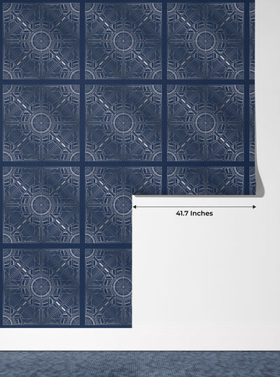 Silver Art Deco Wallpaper, Dark Blue Background Mural, Oversized Custom Size Wall Art, Non-Woven, Non-Adhesive, Modern Wall Paper, Removable