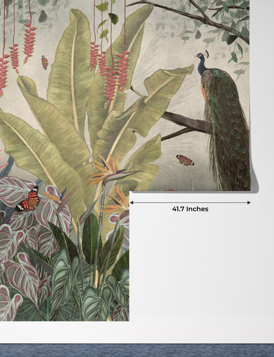 Peacock Wallpaper, Tropical Leaves Wall Mural, Oversized Custom Size Wall Art, Non-Woven, Non-Adhesive, Modern Wall Paper, Removable