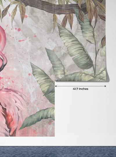 Flamingos Wallpaper, Fern Leaves Mural, Oversized Custom Size Wall Art, Non-Woven, Non-Adhesive, Modern Wall Paper, Removable