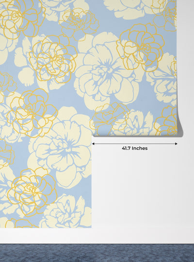 Flowers, Light Blue Wallpaper, Seamless Pattern Mural, Oversized Custom Size Wall Art, Non-Woven, Non-Adhesive, Modern Wall Paper, Removable