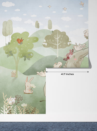 Forest Animals Wallpaper, Woodland Summer Mural, Oversized Custom Size Wall Art, Non-Woven, Non-Adhesive, Modern Wall Paper, Removable