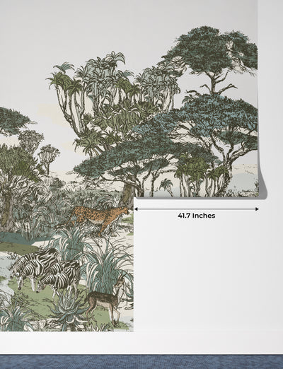 Safari Panaroma Wallpaper, Seamless Wildlife Mural, Oversized Custom Size Wall Art, Non-Woven, Non-Adhesive, Modern Wall Paper, Removable