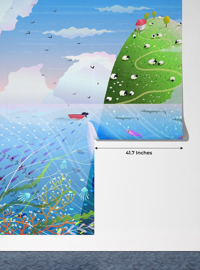 Island in the Ocean Wallpaper, Green Hill Mural, Oversized Custom Size Wall Art, Non-Woven, Non-Adhesive, Modern Wall Paper, Removable