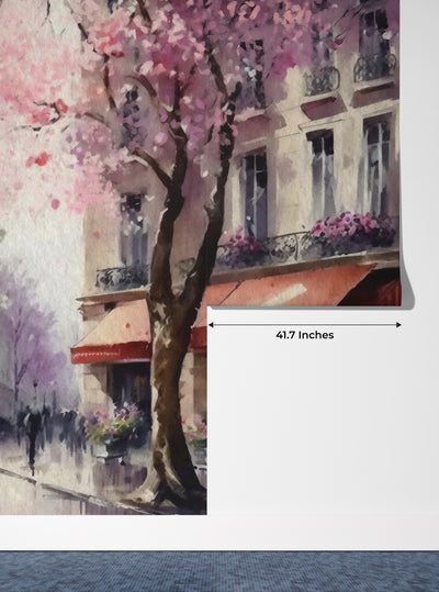 Spring in Paris Watercolor Wallpaper, Eiffel Tower Mural, Oversized Custom Size Wall Art, Non-Woven, Non-Adhesive, Modern Wall Paper, Removable
