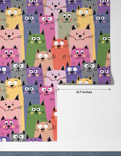 Colorful Cute Kitten Wallpaper, Seamless Pattern Mural, Oversized Custom Size Wall Art, Non-Woven, Non-Adhesive, Modern Wall Paper, Removable