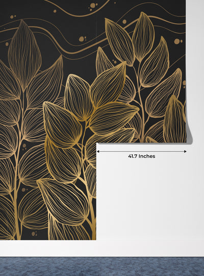 Exotic Golden Leaves Wallpaper, Seamless Pattern Mural, Oversized Custom Size Wall Art, Non-Woven, Non-Adhesive, Modern Wall Paper, Removable