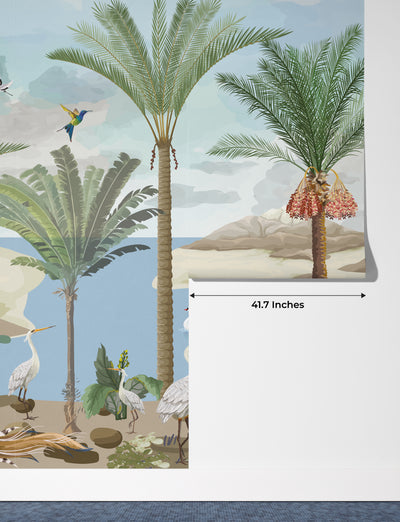 South Asian Subcontinent Wallpaper, Palm Trees, Birds Mural, Oversized Custom Size Wall Art, Non-Woven, Non-Adhesive, Modern Wall Paper, Removable