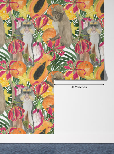 Cute Monkey, Exotic Fruits Wallpaper, Seamless Pattern Mural, Oversized Custom Size Wall Art, Non-Woven, Non-Adhesive, Modern Wall Paper, Removable