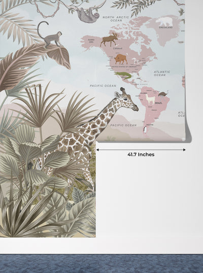 Kids World Map Wallpaper, Safari Animals Mural, Oversized Custom Size Wall Art, Non-Woven, Non-Adhesive, Modern Wall Paper, Removable