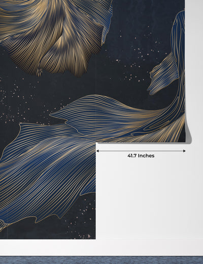 Koi Fish Wallpaper, Golden Line Style Wall Mural, Oversized Custom Size Wall Art, Non-Woven, Non-Adhesive, Modern Wall Paper, Removable
