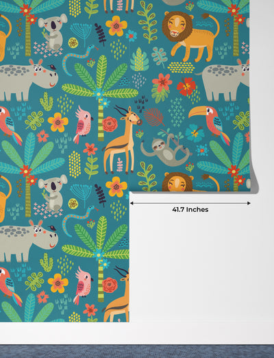 Tropical Animals Wallpaper, Green Background Mural, Oversized Custom Size Wall Art, Non-Woven, Non-Adhesive, Modern Wall Paper, Removable