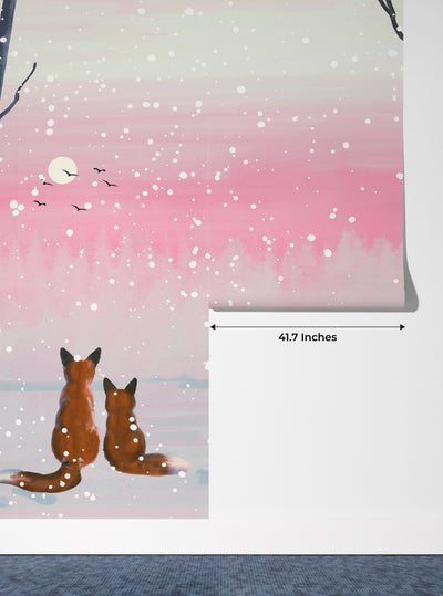 Winter Landscape Wallpaper, Foxes Mural, Oversized Custom Size Wall Art, Non-Woven, Non-Adhesive, Modern Wall Paper, Removable