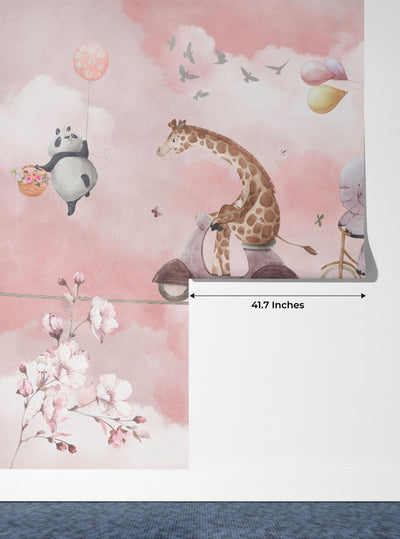 Cycling Animals with Balloons Wallpaper, Watercolor Mural, Oversized Custom Size Wall Art, Non-Woven, Non-Adhesive, Modern Wall Paper, Removable