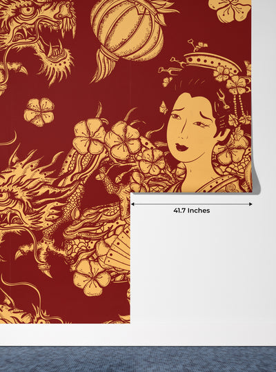 Golden Chinese Dragons and Woman Wallpaper, Seamless Pattern Mural, Oversized Custom Size Wall Art, Non-Woven, Non-Adhesive, Modern Wall Paper, Removable