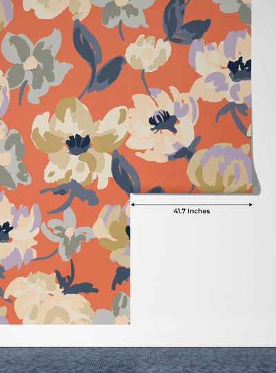 Abstract Floral, Orange Background Wallpaper, Seamless Pattern Mural, Oversized Custom Size Wall Art, Non-Woven, Non-Adhesive, Modern Wall Paper, Removable