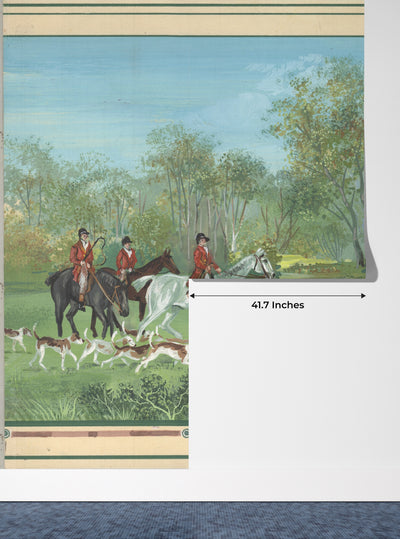 Men Ride Horses on the Field, Dogs Wallpaper, Composition Mural, Oversized Custom Size Wall Art, Non-Woven, Non-Adhesive, Modern Wall Paper, Removable