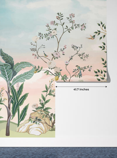 Chinoiserie Wallpaper, Floral Trees Mural, Oversized Custom Size Wall Art, Non-Woven, Non-Adhesive, Modern Wall Paper, Removable