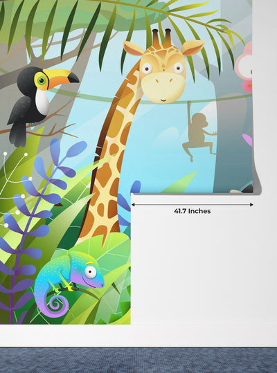Children Wallpaper, Jungle Animals Mural, Oversized Custom Size Wall Art, Non-Woven, Non-Adhesive, Modern Wall Paper, Removable