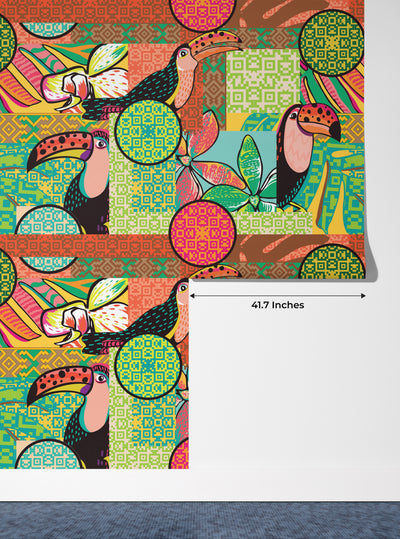 Fun Tropical Wallpaper, Toucan and Amazon Motives Mural, Oversized Custom Size Wall Art, Non-Woven, Non-Adhesive, Modern Wall Paper, Removable
