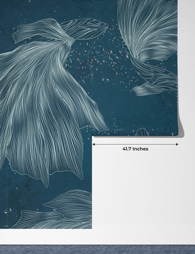 Koi Fish Wallpaper, Silver Line Style Wall Mural, Oversized Custom Size Wall Art, Non-Woven, Non-Adhesive, Modern Wall Paper, Removable