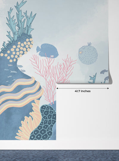 Under the Sea Wallpaper, Sea Animals Mural, Oversized Custom Size Wall Art, Non-Woven, Non-Adhesive, Modern Wall Paper, Removable