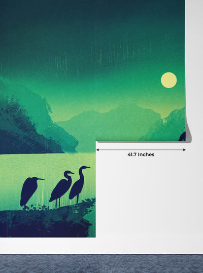 Shiny Moon Wallpaper, Birds Mural, Oversized Custom Size Wall Art, Non-Woven, Non-Adhesive, Modern Wall Paper, Removable