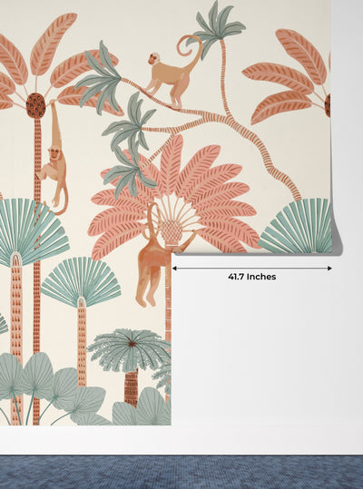 Monkey and Trees Wallpaper, Jungle Mural, Oversized Custom Size Wall Art, Non-Woven, Non-Adhesive, Modern Wall Paper, Removable