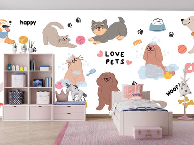 Cute Pet Doodle Wallpaper, Cats and Dogs Mural, Oversized Custom Size Wall Art, Non-Woven, Non-Adhesive, Modern Wall Paper, Removable