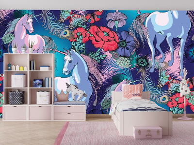 Magic Unicorns Wallpaper, Seamless Pattern Mural, Oversized Custom Size Wall Art, Non-Woven, Non-Adhesive, Modern Wall Paper, Removable