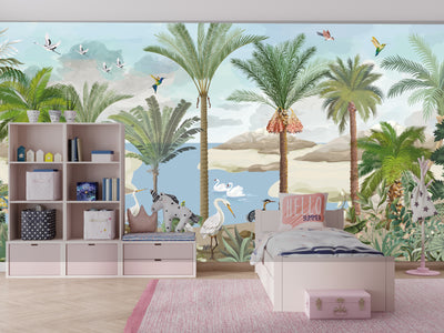 South Asian Subcontinent Wallpaper, Palm Trees, Birds Mural, Oversized Custom Size Wall Art, Non-Woven, Non-Adhesive, Modern Wall Paper, Removable
