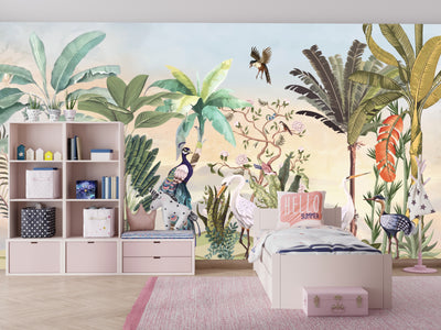 Chinoiserie Style Wallpaper, Birds, Plants Mural, Oversized Custom Size Wall Art, Non-Woven, Non-Adhesive, Modern Wall Paper, Removable