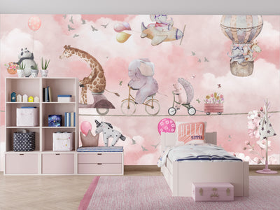 Cycling Animals with Balloons Wallpaper, Watercolor Mural, Oversized Custom Size Wall Art, Non-Woven, Non-Adhesive, Modern Wall Paper, Removable