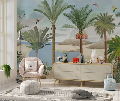 South Asian Subcontinent Wallpaper, Palm Trees, Birds Mural, Oversized Custom Size Wall Art, Non-Woven, Non-Adhesive, Modern Wall Paper, Removable