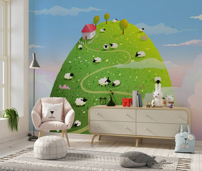 Green Hill Wallpaper, Sheep Mural, Oversized Custom Size Wall Art, Non-Woven, Non-Adhesive, Modern Wall Paper, Removable